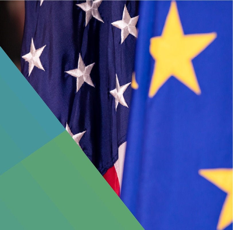 Close-ups of the US and EUs flags